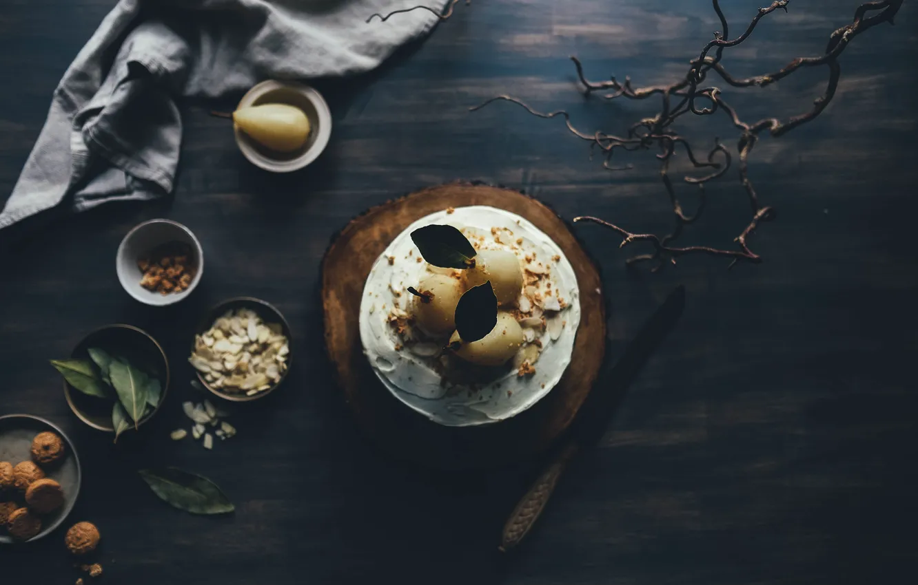 Photo wallpaper wood, sweet, dessert, cookies, knife, table, United Kingdom, branch