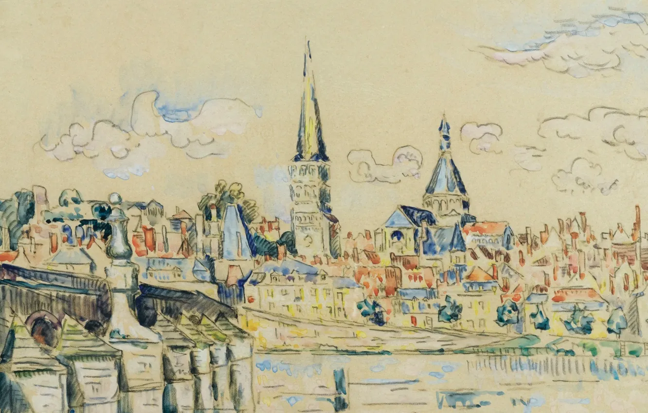 Photo wallpaper the city, figure, home, watercolor, Paul Signac, The Charite hospital on the Loire River