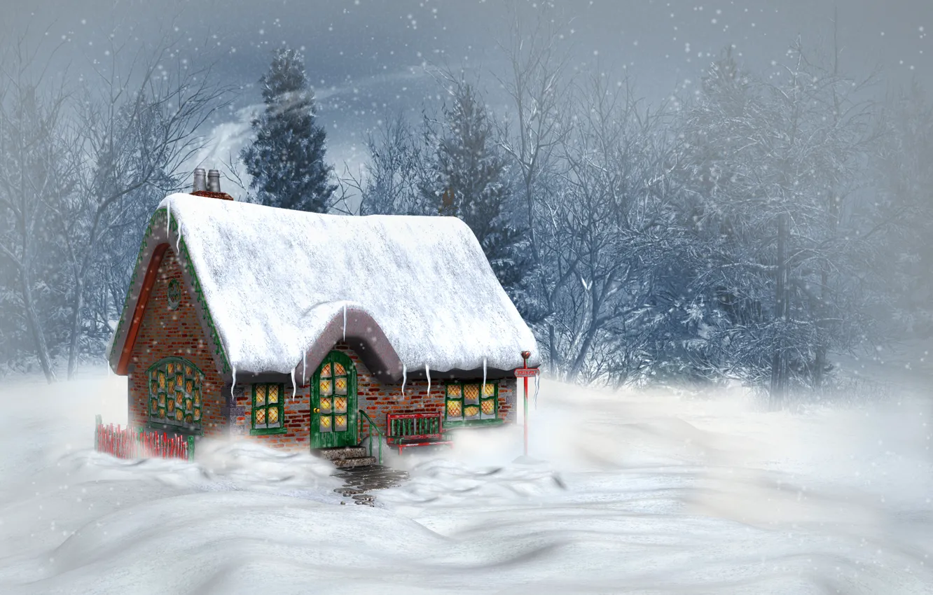 Photo wallpaper winter, snow, trees, landscape, mountains, nature, house, Christmas