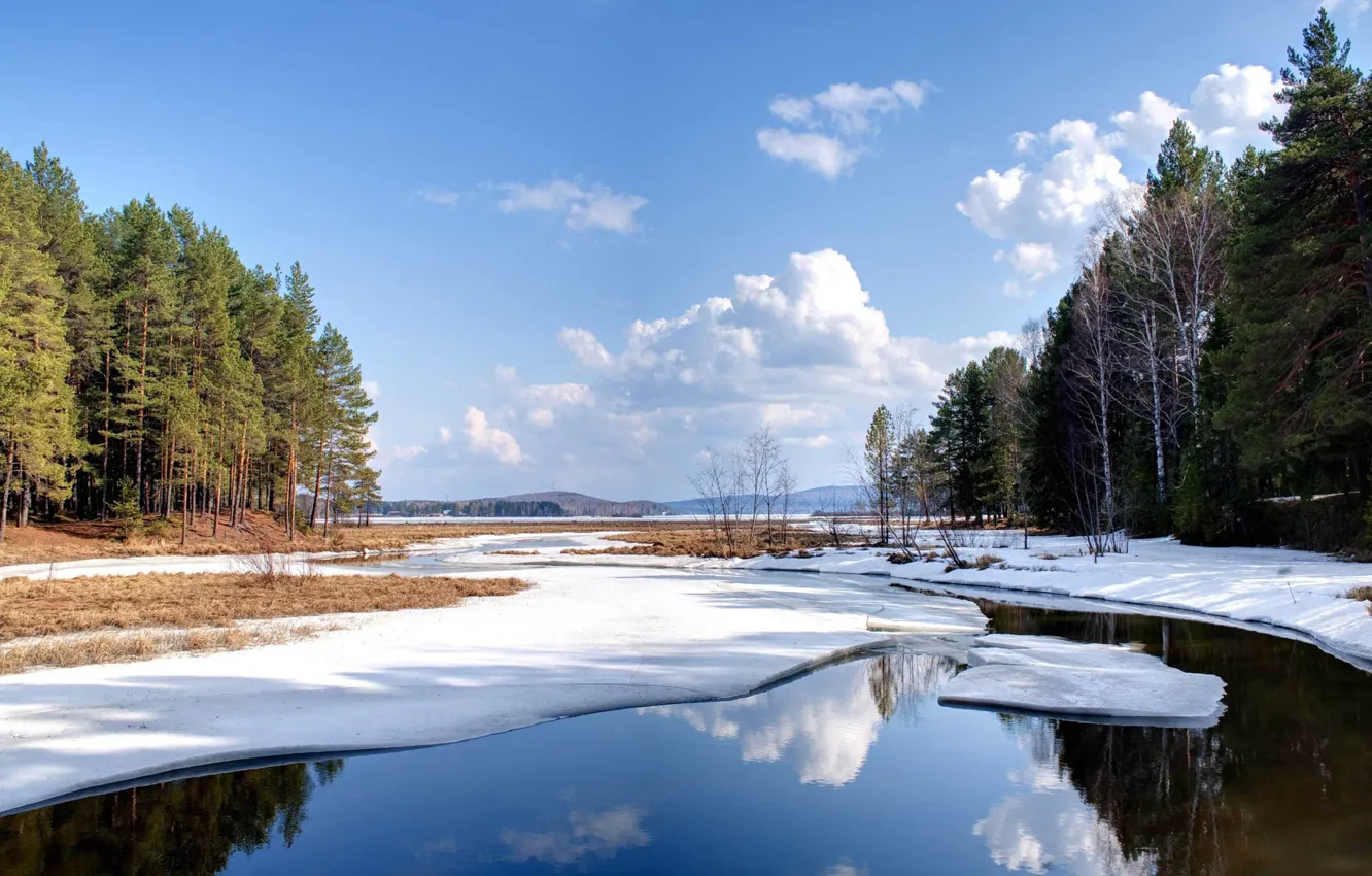 Photo wallpaper winter, forest, the sky, water, clouds, snow, landscape, nature