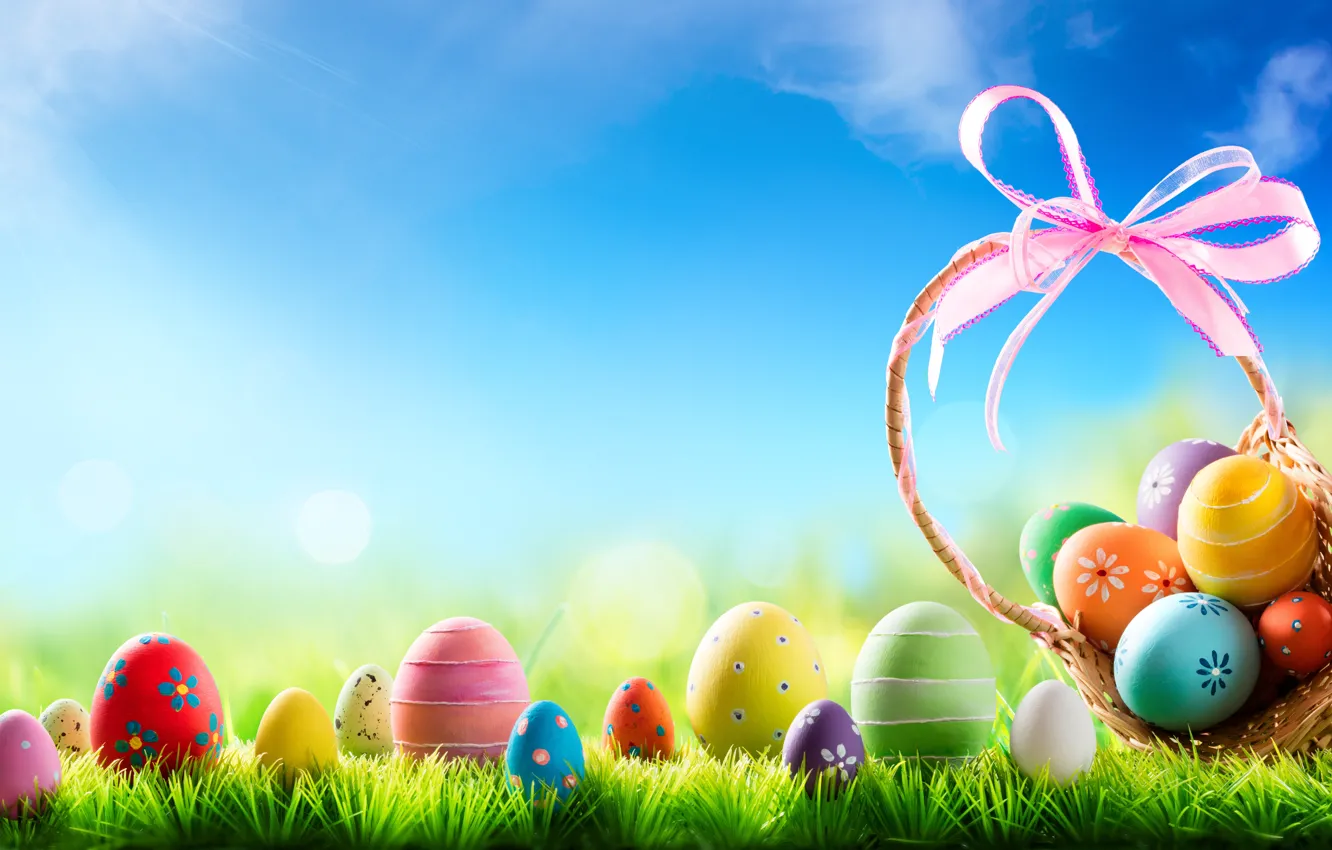 Photo wallpaper grass, the sun, flowers, basket, spring, Easter, flowers, spring