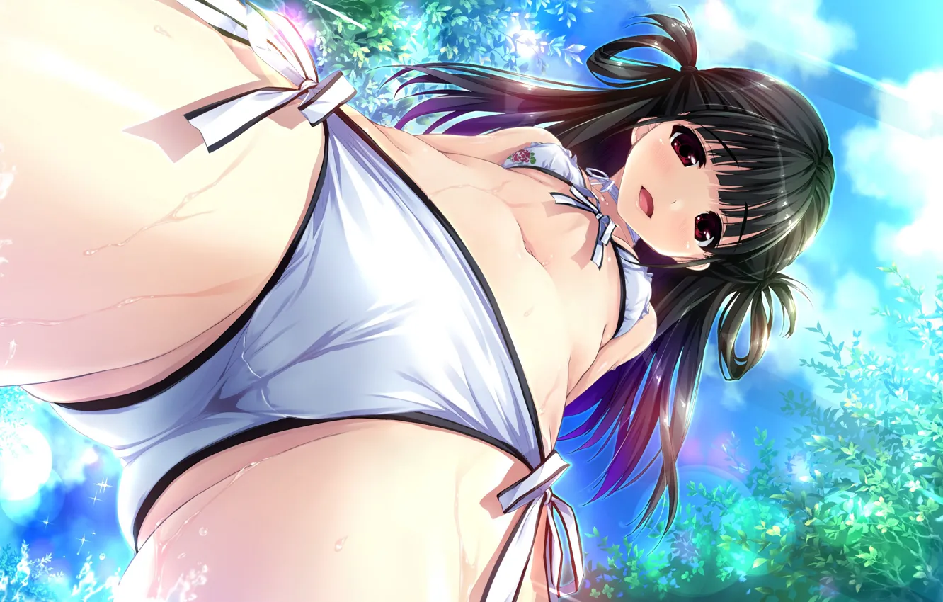 Photo wallpaper girl, grass, sexy, Cameltoe, wet, cleavage, sky, long hair