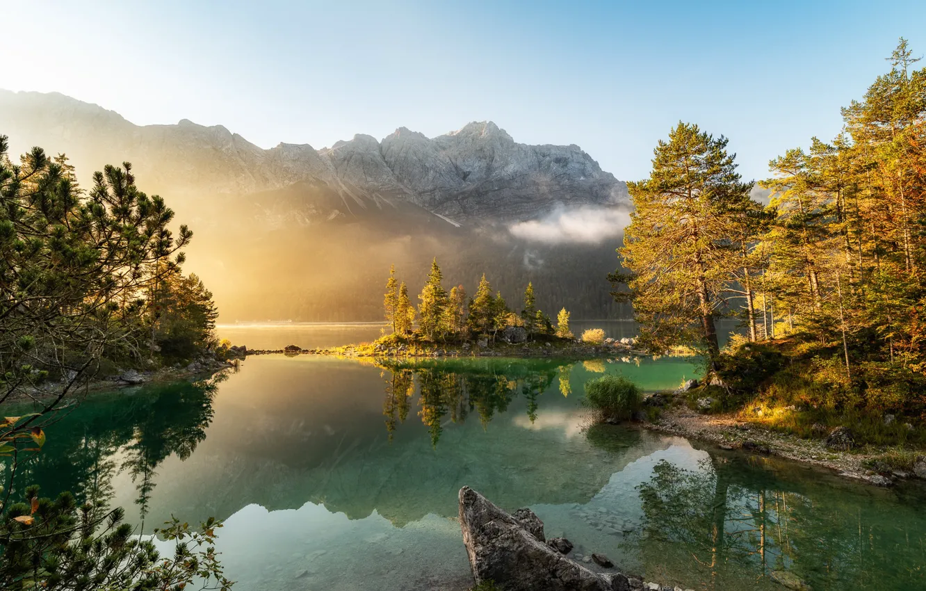 Photo wallpaper forest, the sun, mountains, lake, beautiful, Zugspitze, Max Forst