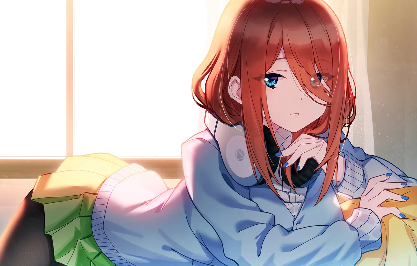 Photo wallpaper girl, long hair, anime, headphones, blue eyes, beautiful, pretty, redhead