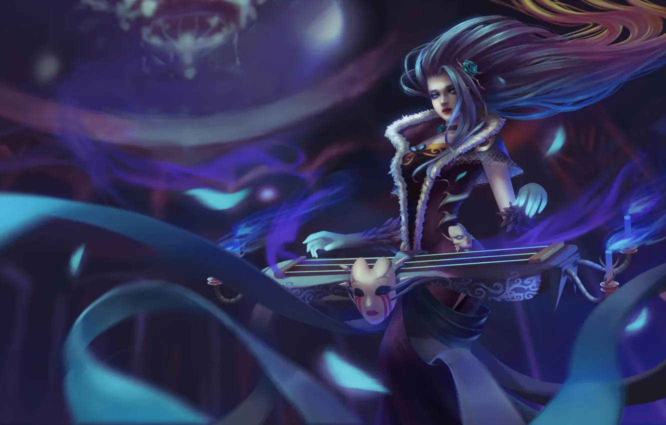 Photo wallpaper look, girl, music, magic, candles, mask, harp, tool