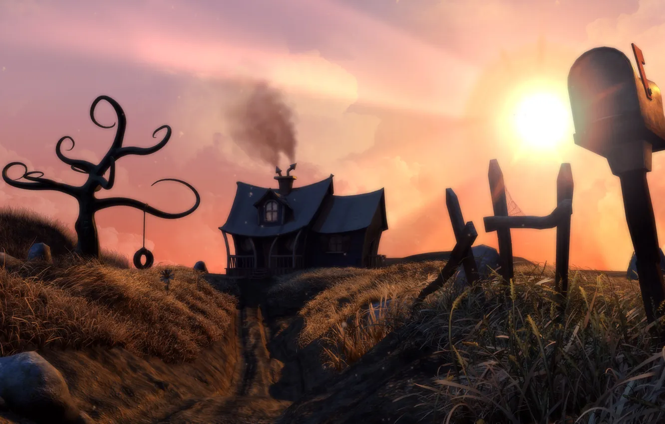 Photo wallpaper trees, sunset, home, house, art, deviantart, mail