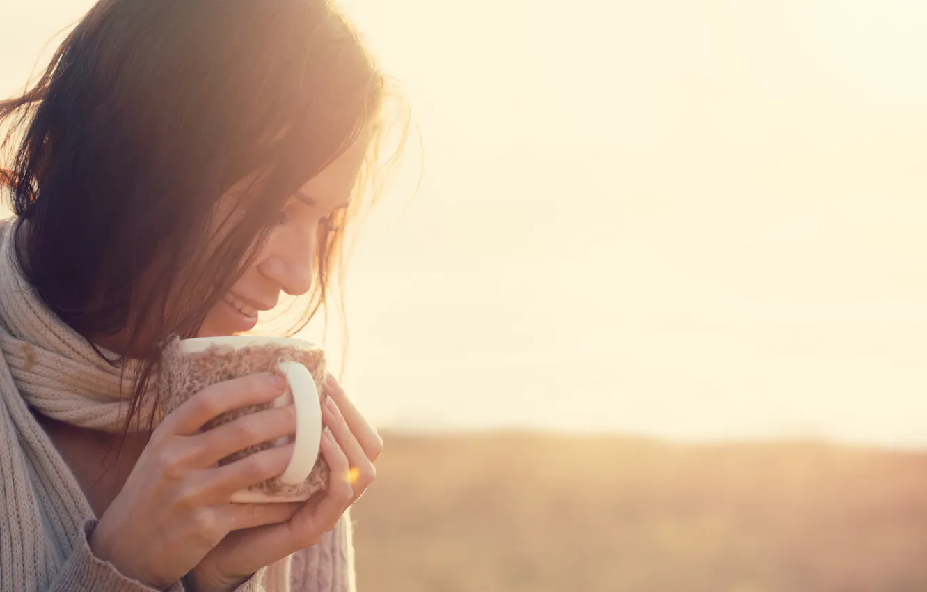 Photo wallpaper girl, smile, mood, morning, mug