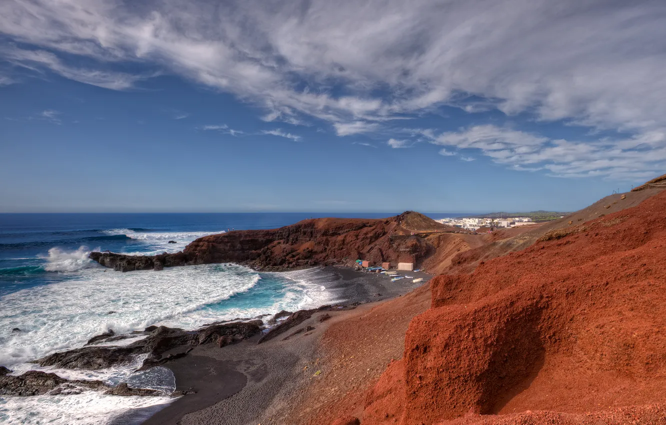 Photo wallpaper sea, wave, mountains, village
