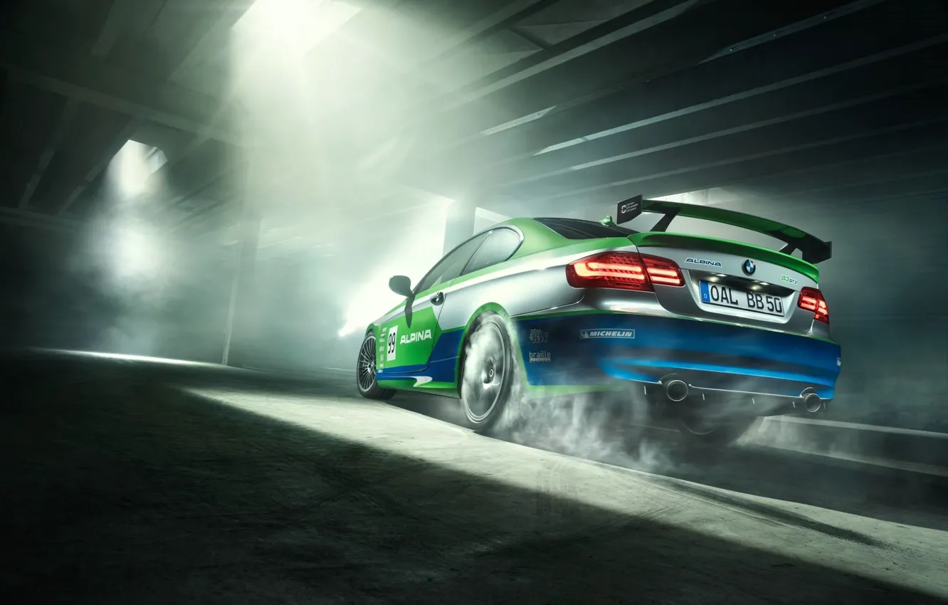 Photo wallpaper BMW, Car, Race, GT3, Smoke, Parking, Alpina, Rear