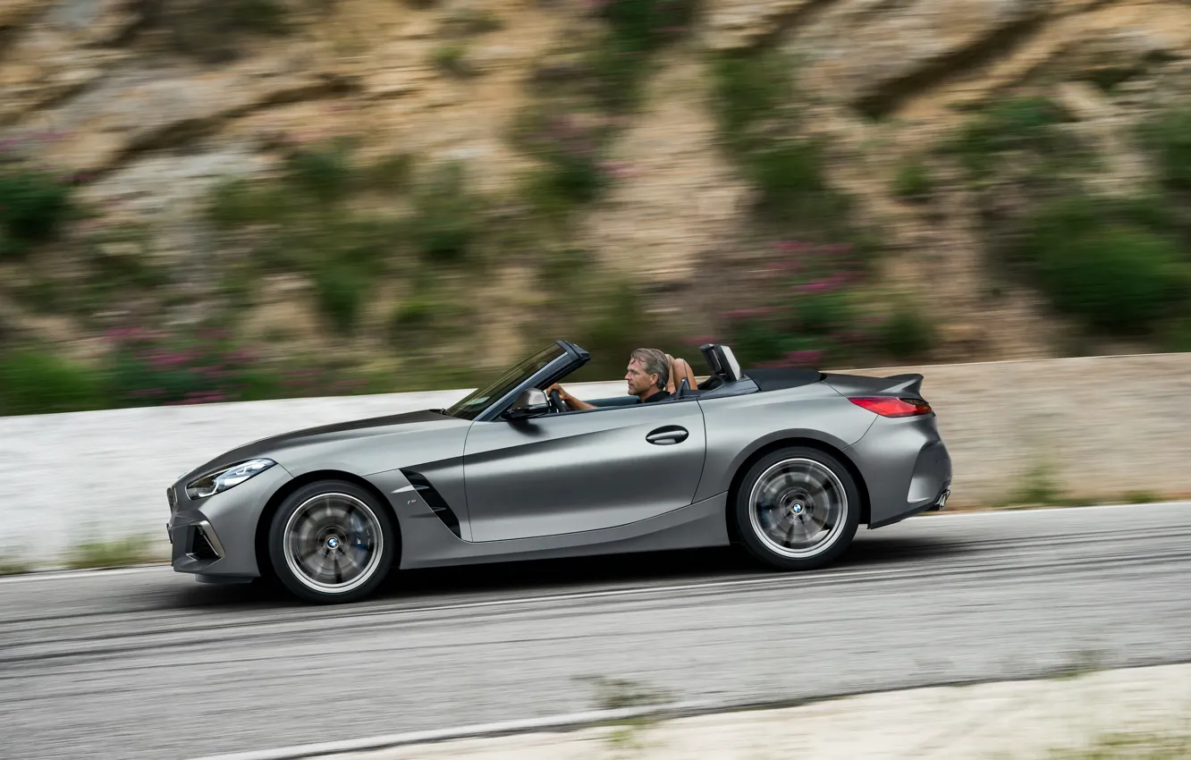 Photo wallpaper road, grey, vegetation, speed, BMW, slope, Roadster, BMW Z4