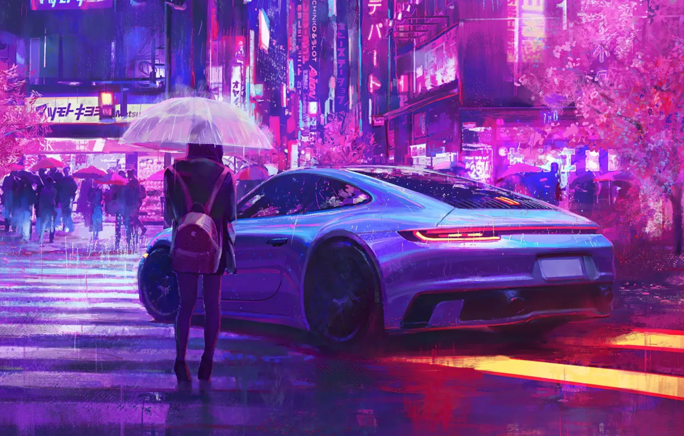 Photo wallpaper road, car, girl, night, city, the city, umbrella, rain