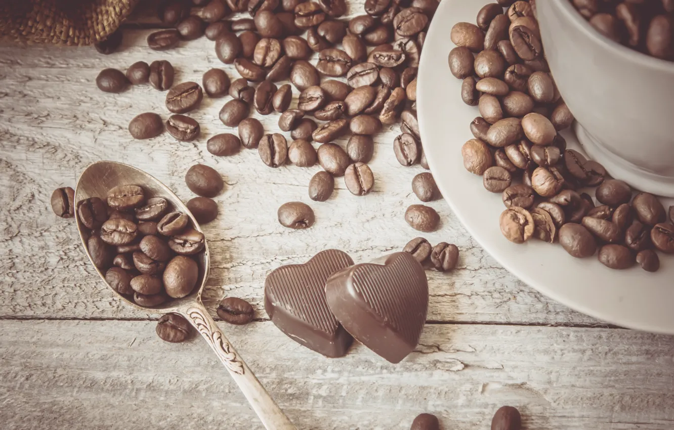 Photo wallpaper coffee, grain, heart, chocolate, coffee beans