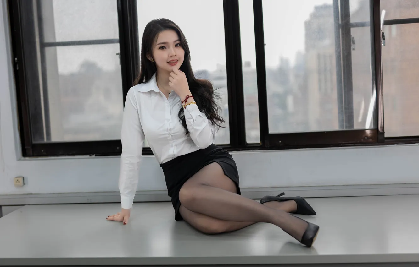 Photo wallpaper girl, skirt, blouse, tights, legs, Asian