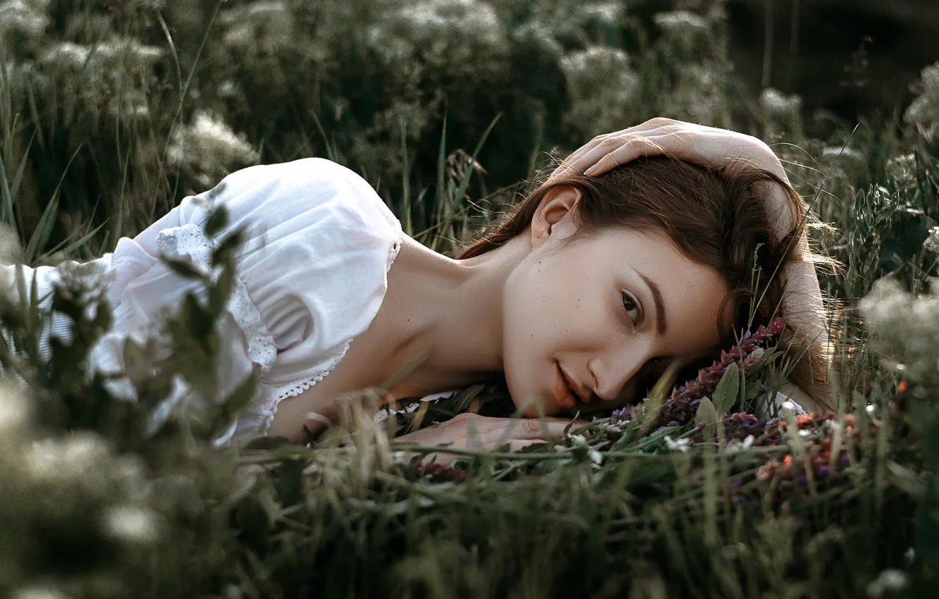 Photo wallpaper summer, grass, girl, stay, Dasha, Dima Begma