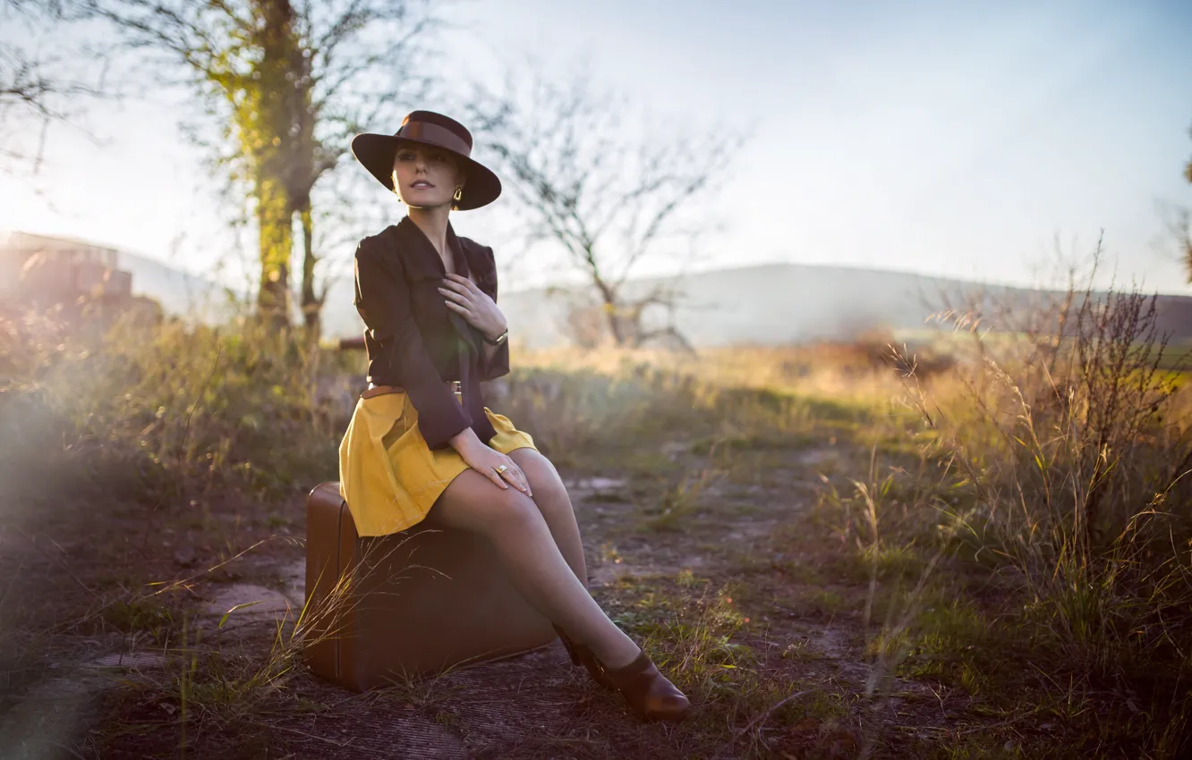 Photo wallpaper field, the sky, look, girl, light, nature, pose, fog