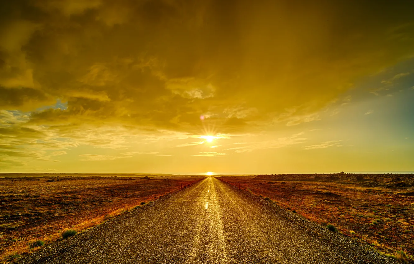 Photo wallpaper road, the sky, clouds, sunset, desert, horizon