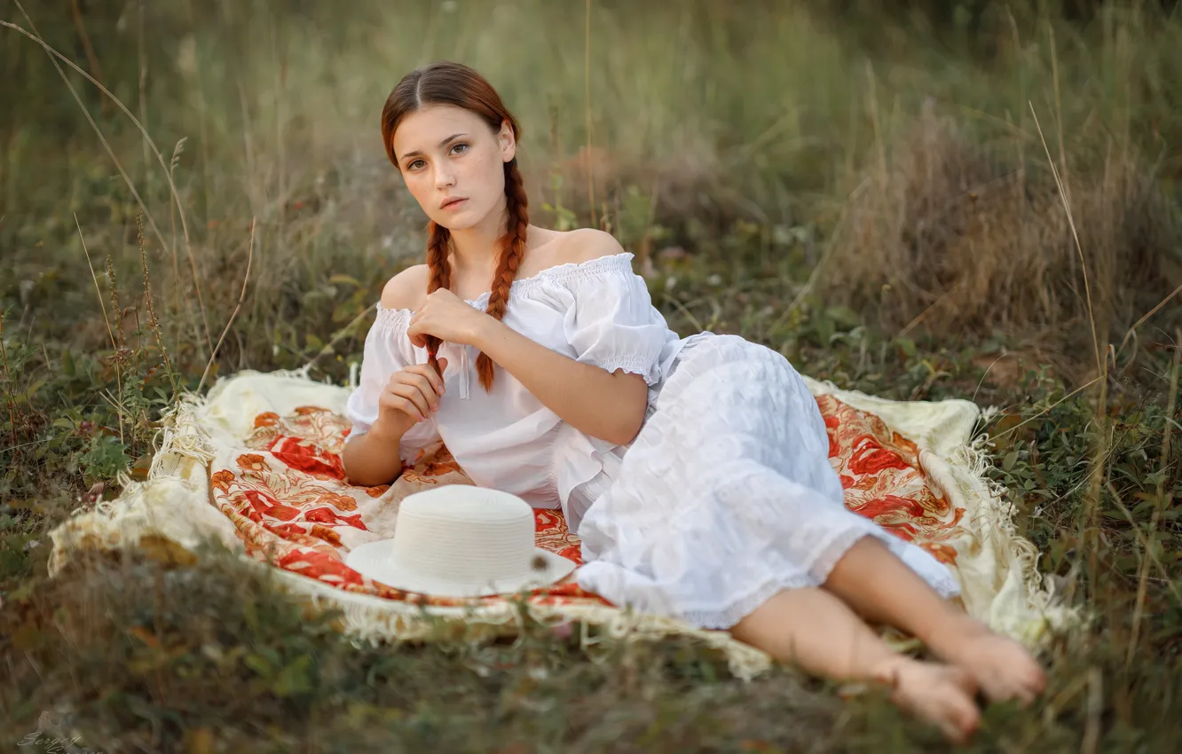 Photo wallpaper girl, summer, dress, braid, look, freckles, Ginger, Readhead