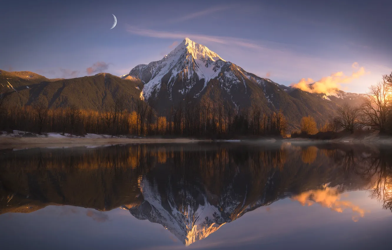 Photo wallpaper clouds, light, mountains, lake, reflection, the moon