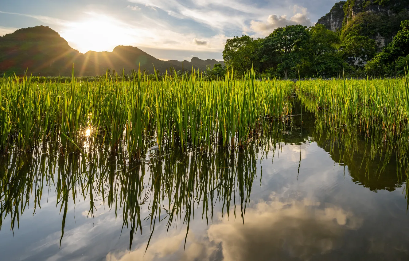 Photo wallpaper water, the sun, mountains, nature, figure, Vietnam