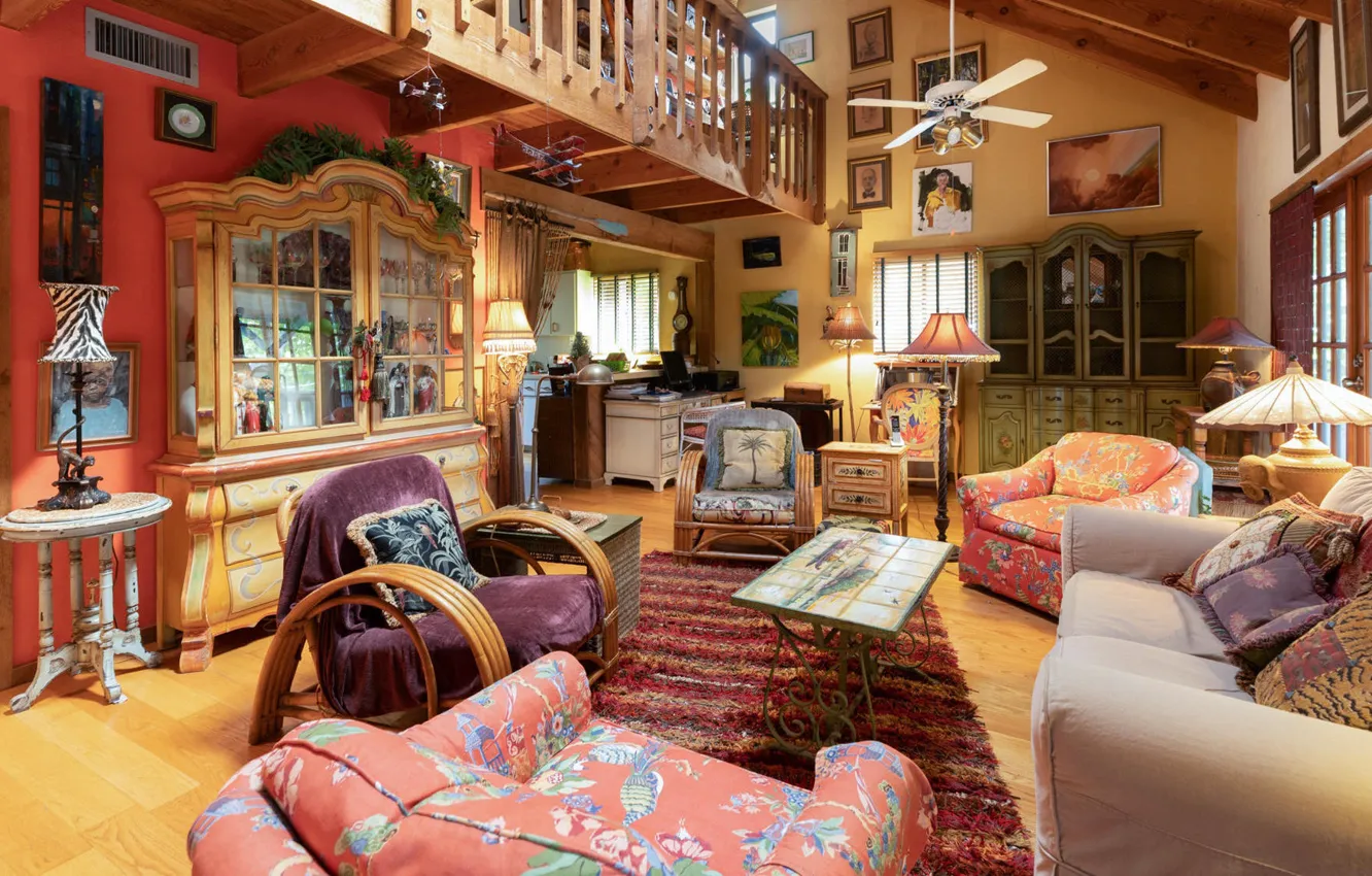 Photo wallpaper style, design, interior, two levels, warm colors, living room, Villa, picture