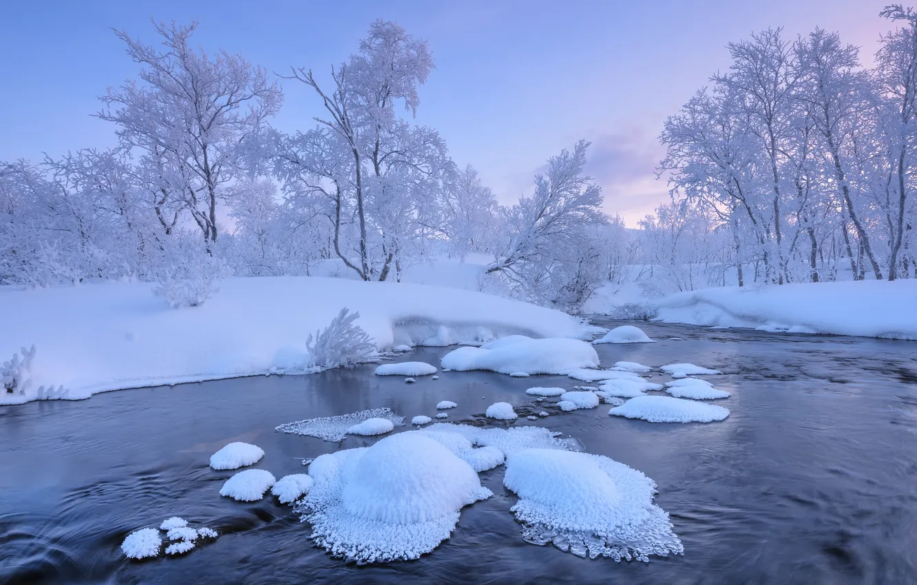 Photo wallpaper winter, snow, trees, river, the snow, Russia, frost, The Kola Peninsula