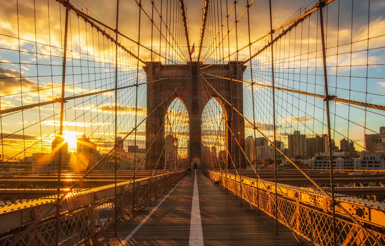 Photo wallpaper the sky, the sun, clouds, bridge, the city, dawn, shore, building