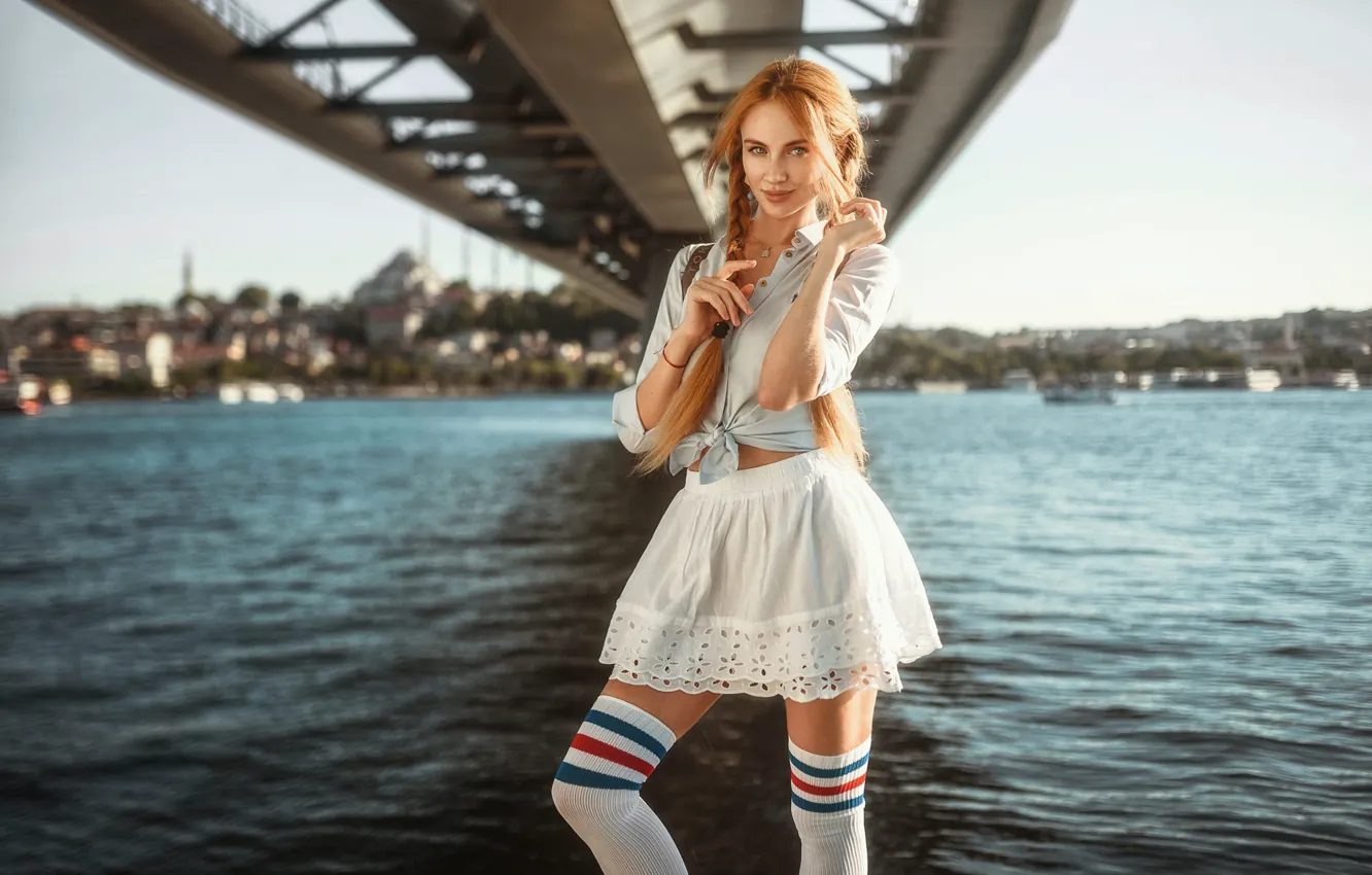 Photo wallpaper girl, Model, legs, bridge, photo, stockings, blue eyes, redhead