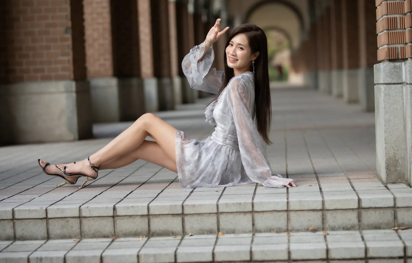 Photo wallpaper pose, model, building, portrait, makeup, figure, dress, hairstyle