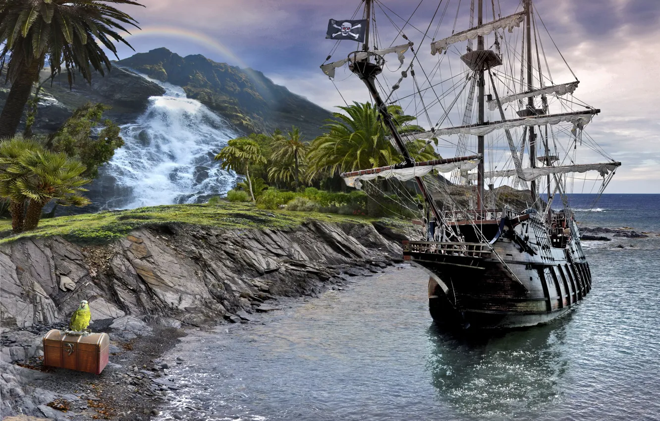 Photo wallpaper sea, mountains, stones, ship, waterfall, rainbow, parrot, chest