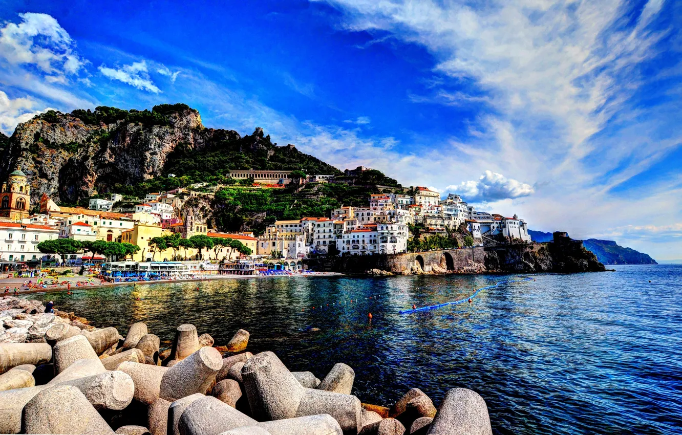 Photo wallpaper sea, beach, the city, stones, Bay