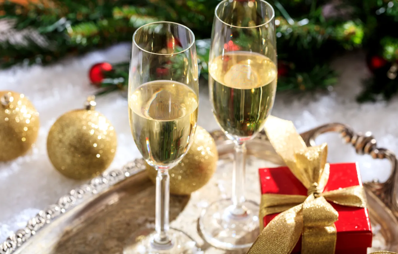 Photo wallpaper holiday, gift, wine, balls, toys, glasses, New year, champagne