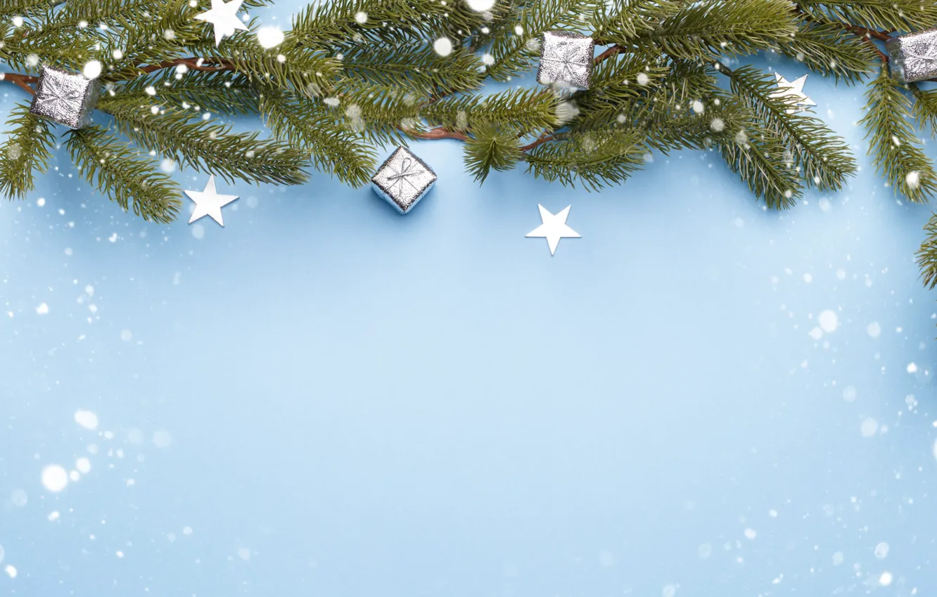Photo wallpaper stars, snow, branches, Christmas, New year, needles, blue background, Christmas decorations