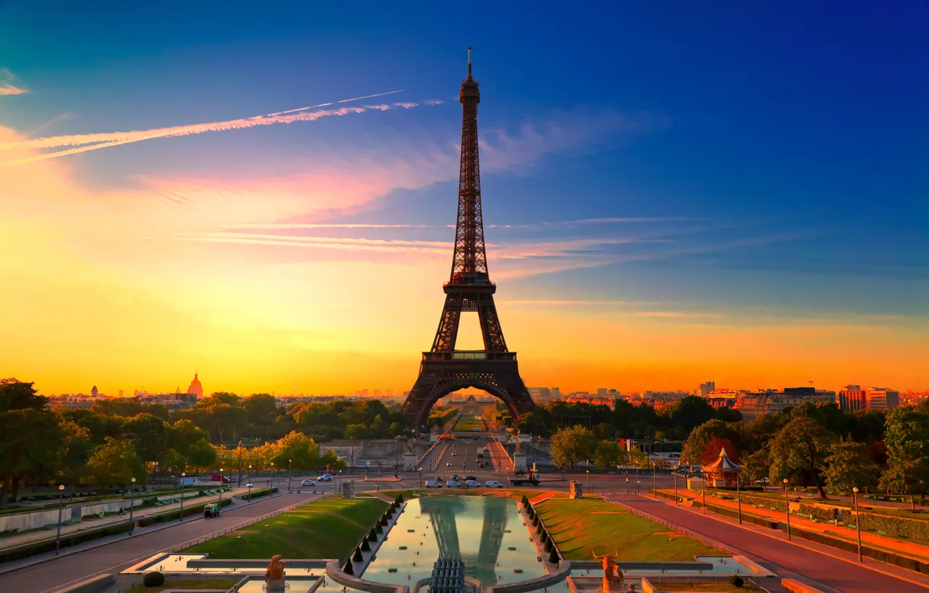 Photo wallpaper sunset, the city, France, Paris, Eiffel tower, colorful, beautiful france, Paris sunset
