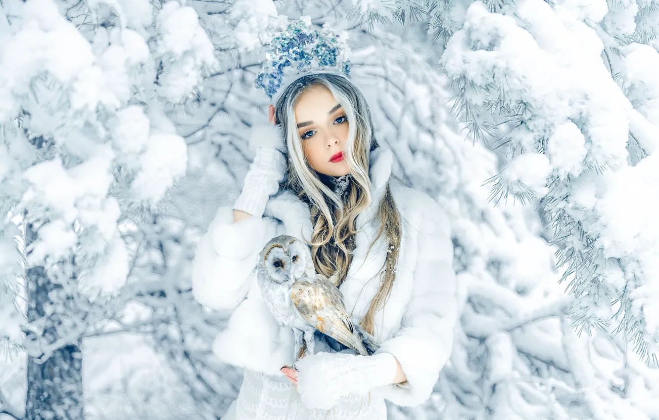 Photo wallpaper winter, girl, snow, branches, nature, tree, owl, bird
