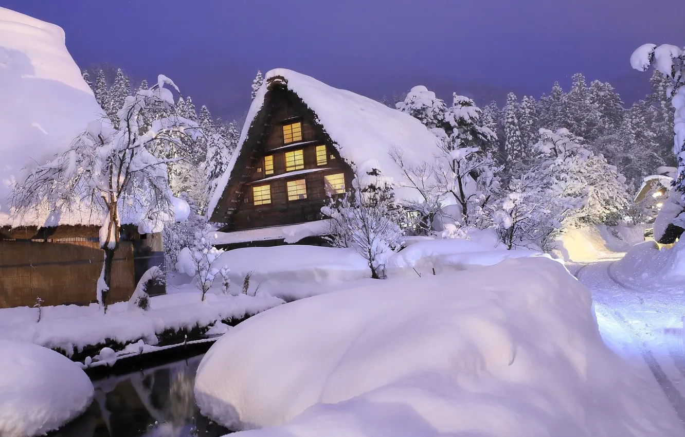Photo wallpaper snow, house, the evening