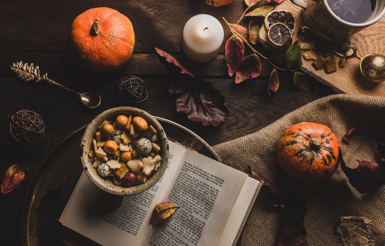 Photo wallpaper autumn, leaves, the dark background, table, tea, Board, candles, candy