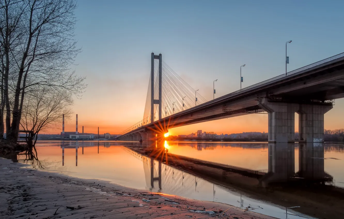 Photo wallpaper landscape, bridge, river, shore, morning