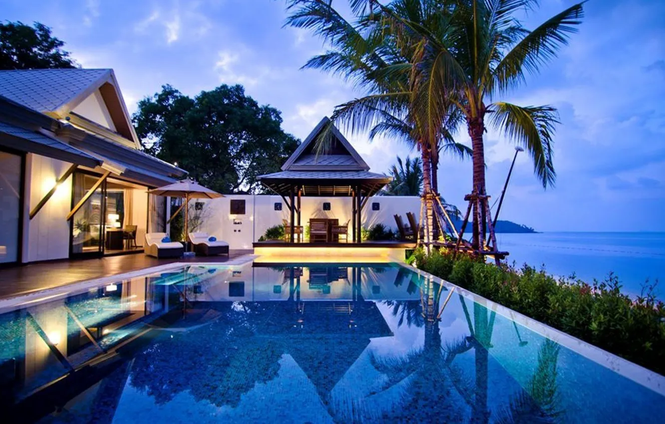 Photo wallpaper palm trees, the ocean, Villa, the evening, pool, lighting, resort