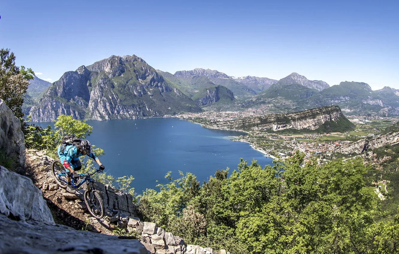 Photo wallpaper mountains, France, Alps, athlete, cyclist, mountain bike