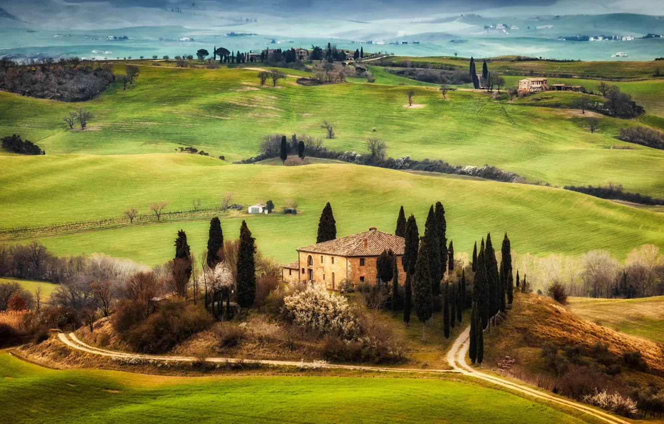 Photo wallpaper trees, landscape, nature, field, road, home, Italy, meadows