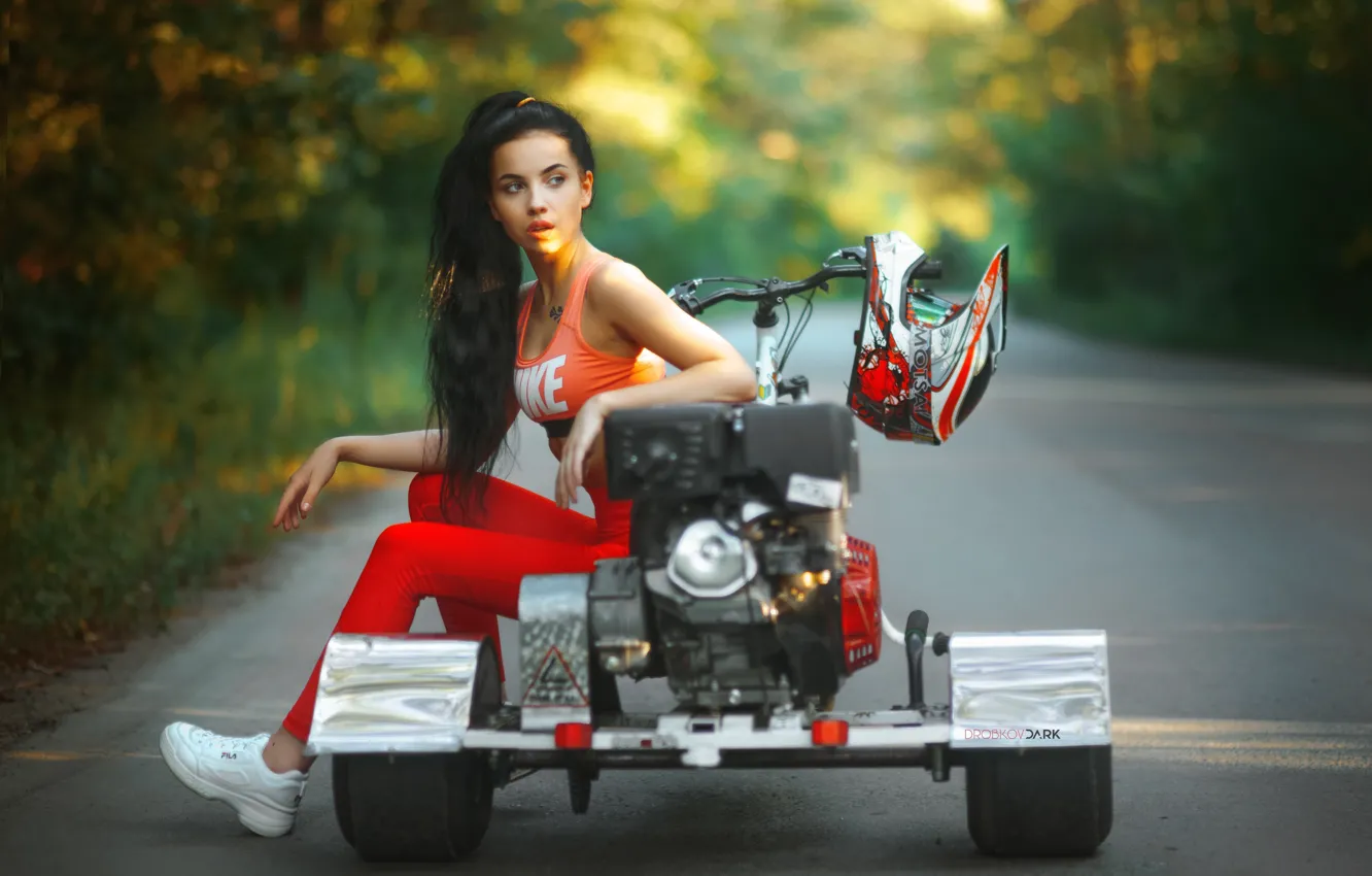Photo wallpaper road, girl, pose, helmet, Angelina Sorokina, Alexander Drobkov-Dark, drift trike