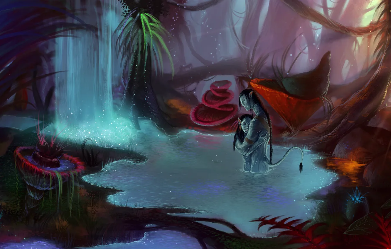 Photo wallpaper forest, water, love, waterfall, art, Avatar, avatar, two
