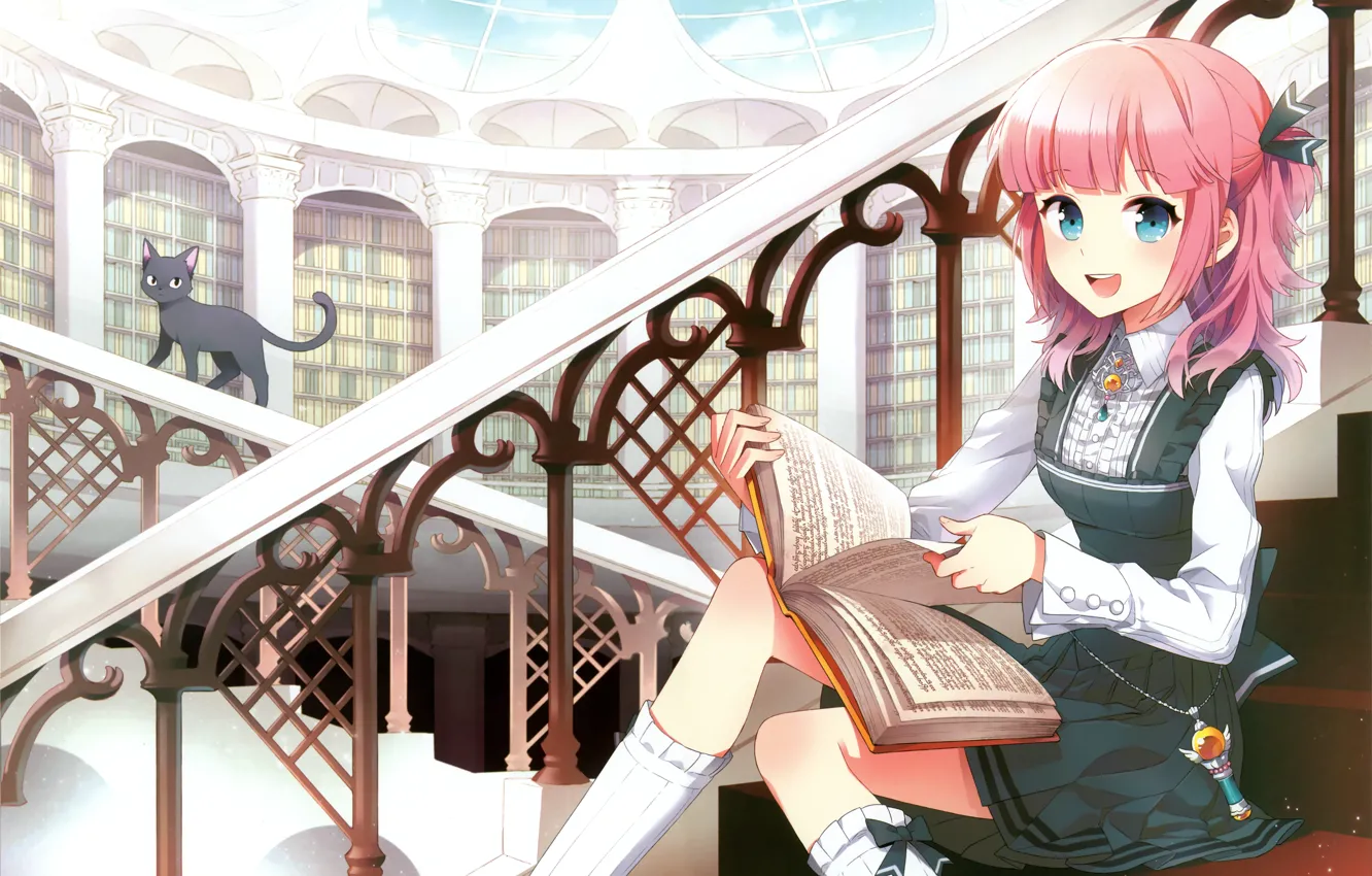 Photo wallpaper books, girl, railings, stage, library, knee, blue eyes, the dome