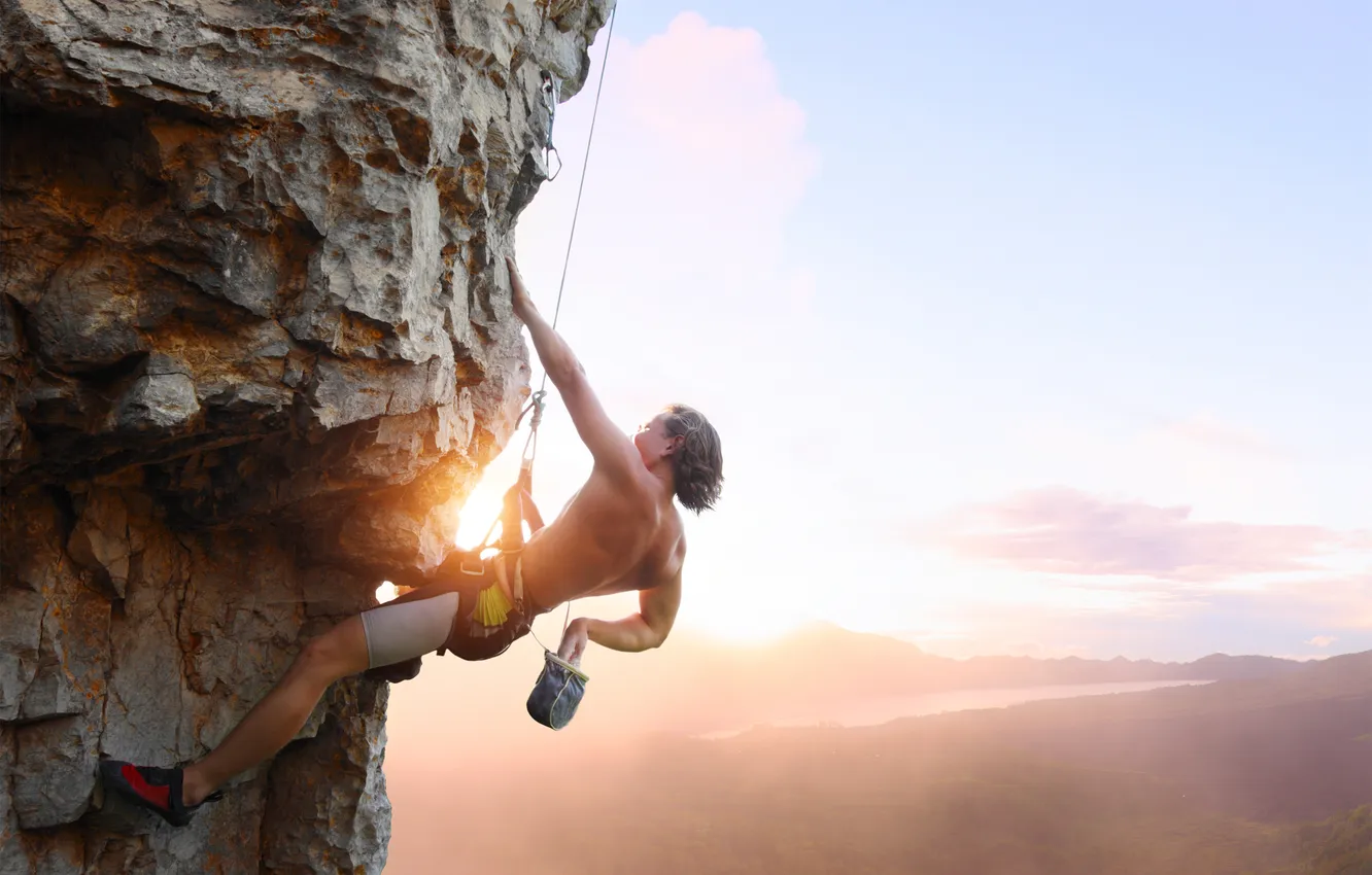 Photo wallpaper sun, climb, climber