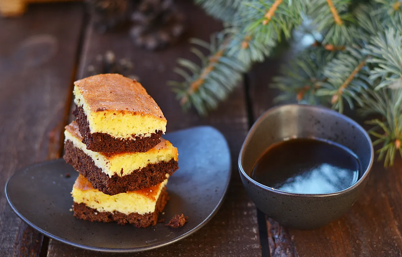Photo wallpaper branches, Board, chocolate, spruce, plate, bowl, needles, biscuit