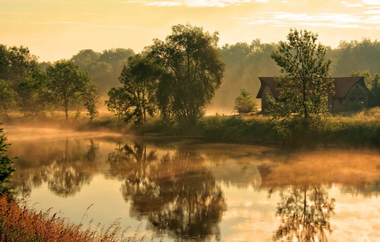 Photo wallpaper fog, house, river, morning