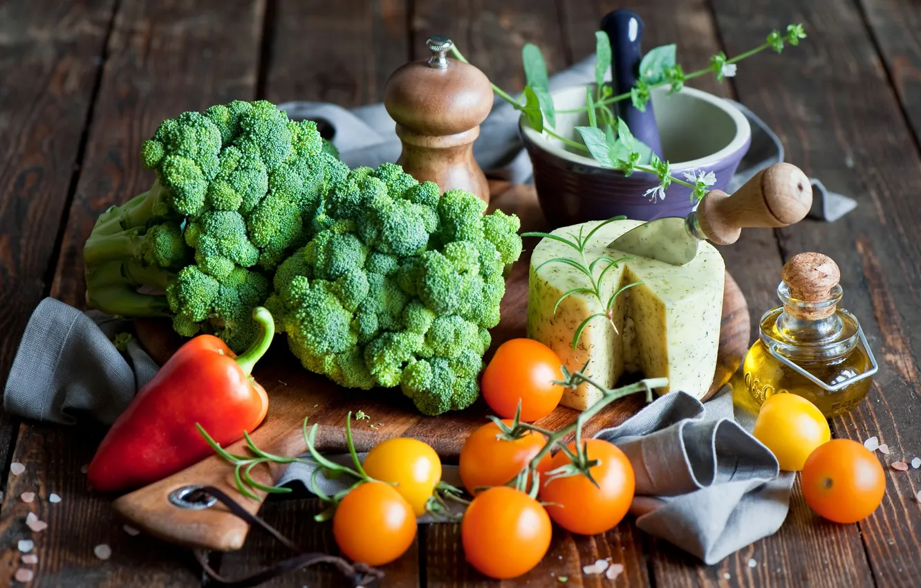Photo wallpaper cheese, pepper, vegetables, tomatoes, cabbage, cheese, pepper, vegetables
