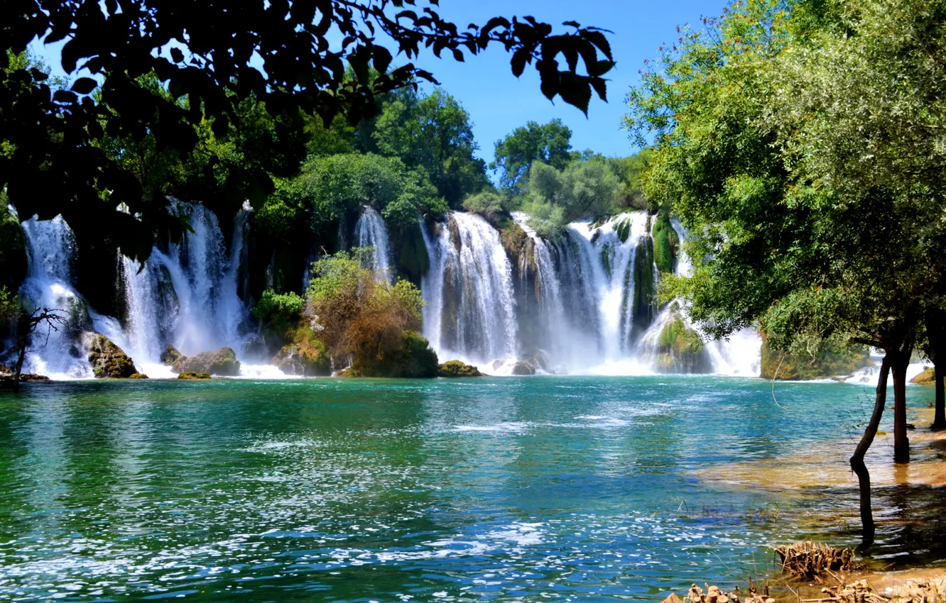 Photo wallpaper trees, river, stones, waterfalls, Sunny, Bosnia and Herzegovina, Kravice