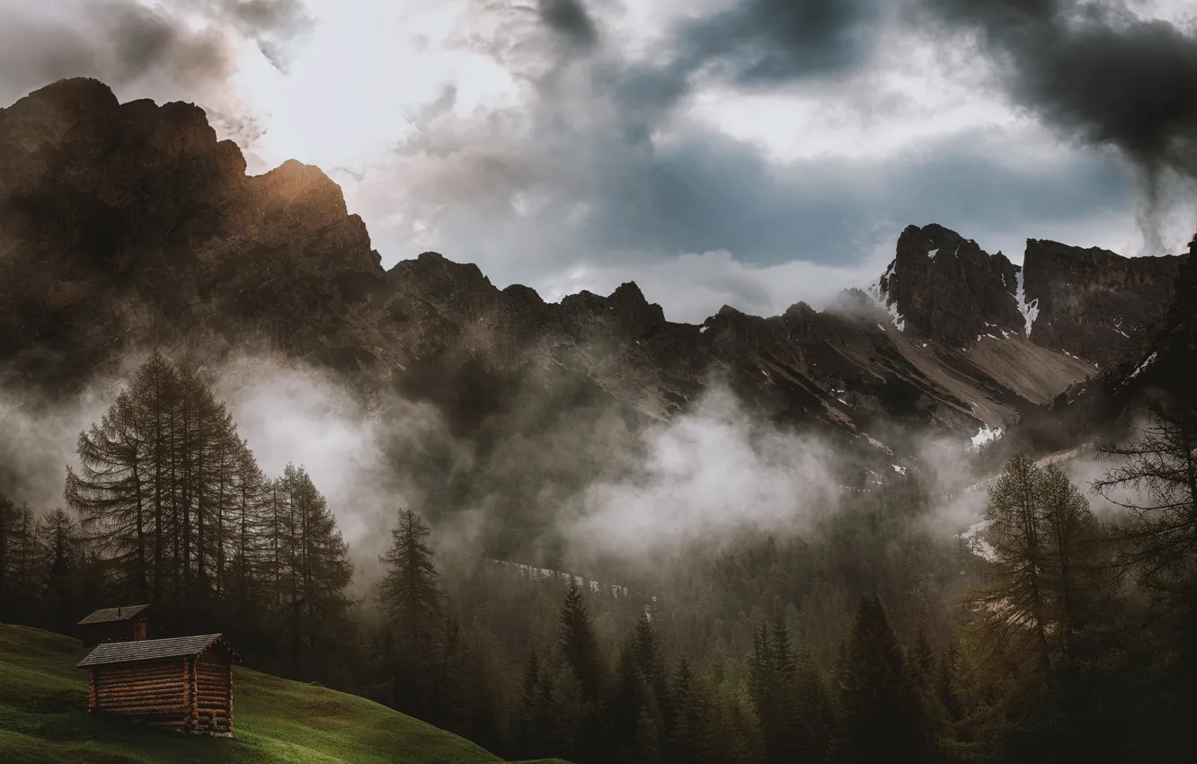 Photo wallpaper forest, clouds, trees, landscape, mountains, nature, fog, house