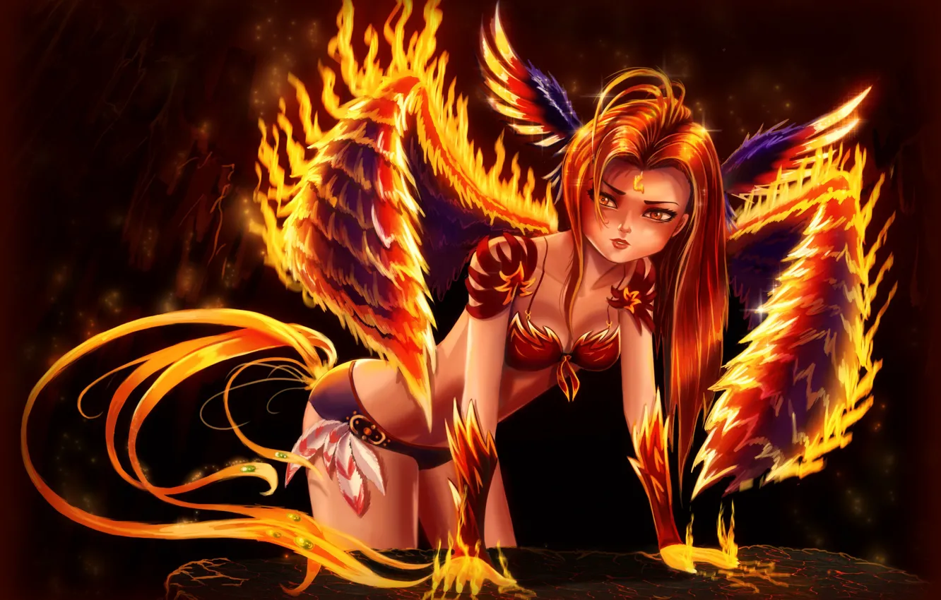 Photo wallpaper girl, Phoenix, the Firebird, wings of fire